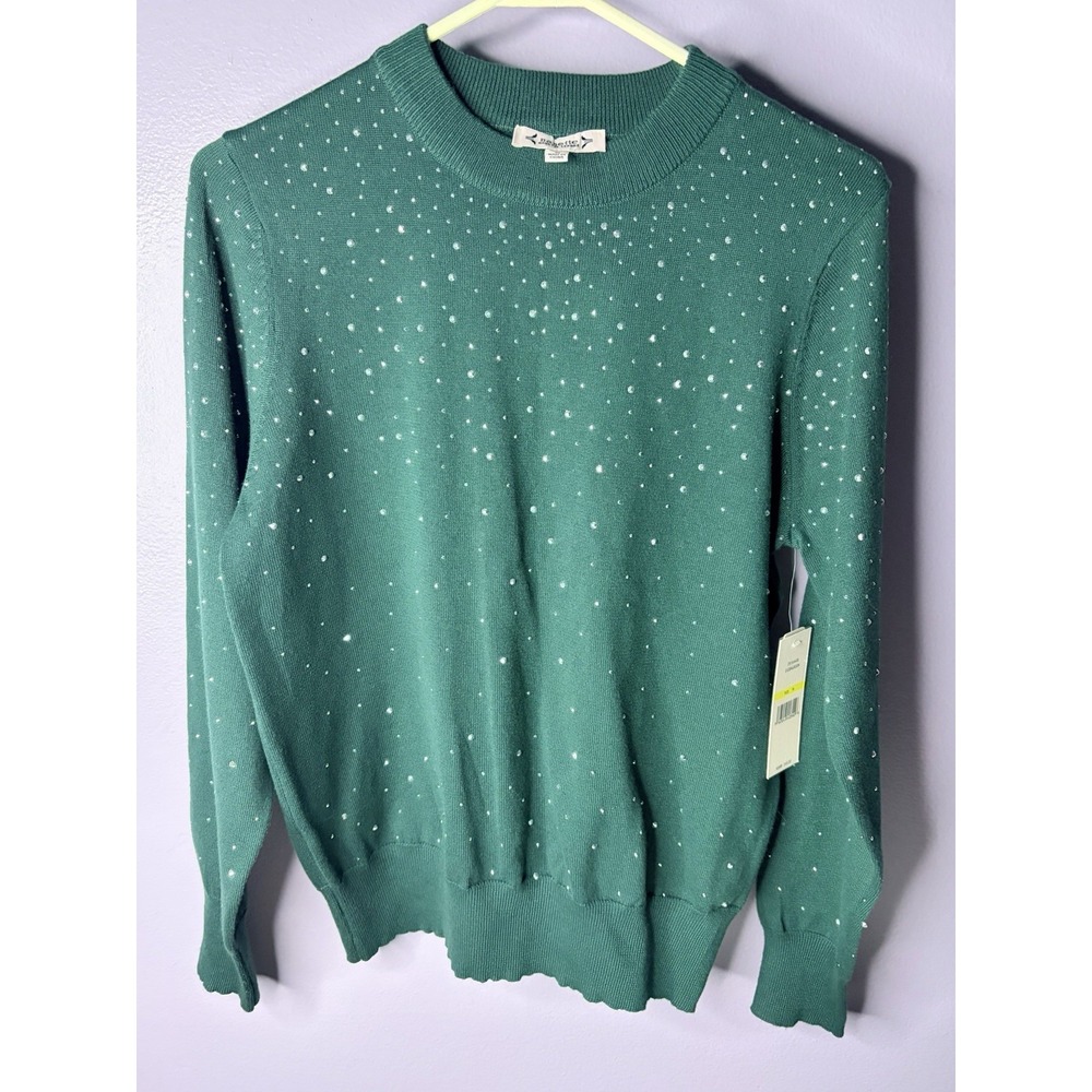 Nanette Lepore Rhinestone Knit Sweater Evergreen Green Womens Medium NWT